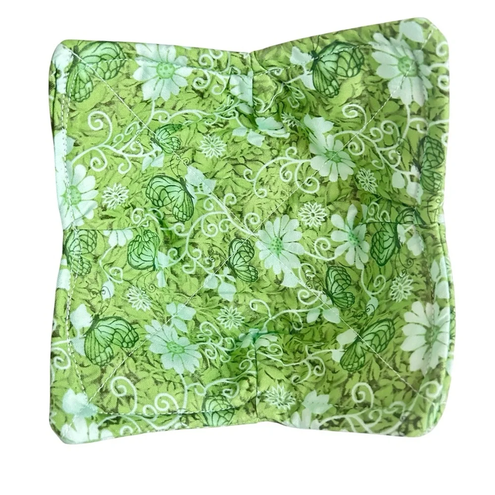 Hand Crafted Colorful Green Floral Butterfly Microwave Bowl Cozy 100% Cotton